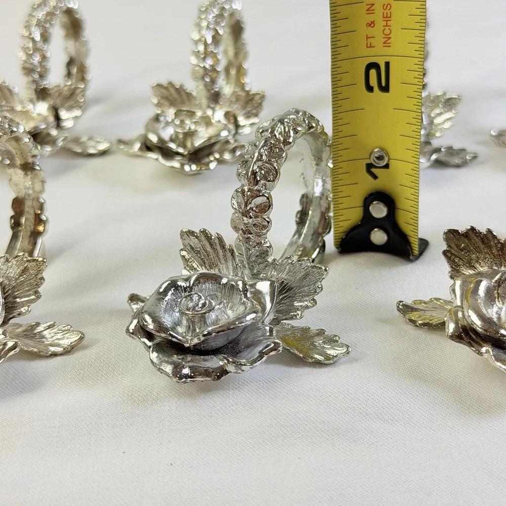 Vintage Silver Tone Rose Metal Holders Napkin Rings Set of 12 Floral Table Decor